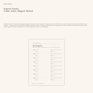 May include: A digital project tracker template titled My Projects with eight numbered slots. Each slot includes fields for project name, status, stack, repo URL, deploy URL, users, MRR, and stars. The layout is organized with clean lines and text.