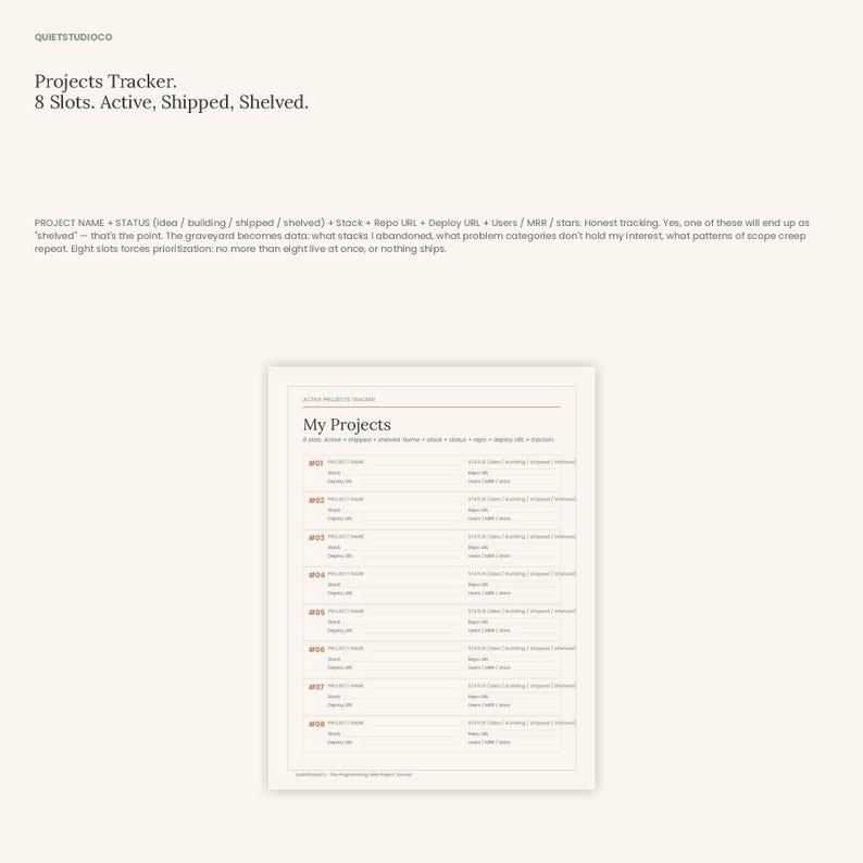 May include: A digital project tracker template titled My Projects with eight numbered slots. Each slot includes fields for project name, status, stack, repo URL, deploy URL, users, MRR, and stars. The layout is organized with clean lines and text.