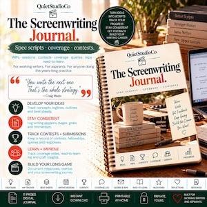 Può includere: Un diario di sceneggiatura a spirale intitolato The Screenwriting Journal di QuietStudioCo. La copertina presenta una tazza bianca con il testo Same Write Rewrite Repeat e libri impilati etichettati Characters, Structure, Dialogue.