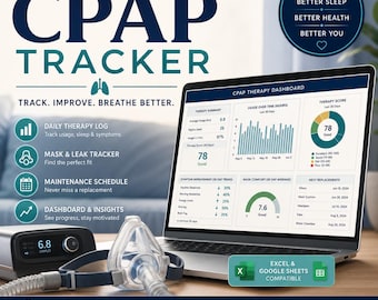 CPAP Therapy Tracker, Sleep Apnea Log, CPAP Compliance Spreadsheet, Excel & Google Sheets