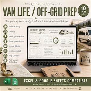 May include: A digital van life and off-grid prep dashboard displayed on a laptop screen, featuring sections for launch overview, budget, power, and water systems. The interface includes text, charts, and icons for planning, alongside a notebook and compass.