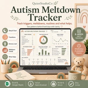 Peut inclure: Un outil numérique de suivi des crises d'autisme affiché sur un écran d'ordinateur portable, présentant des graphiques pour les tendances hebdomadaires, les déclencheurs et des instantanés quotidiens avec une palette de couleurs douces.