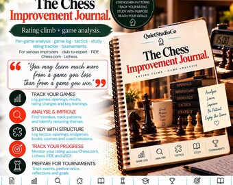 Chess Improvement Journal Printable PDF Rating Climb Game Analysis Tracker FIDE Chess.com Lichess Coach Companion Study Log