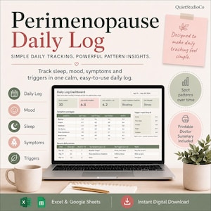Hoja de cálculo para el registro diario de la perimenopausia, diario de síntomas de la menopausia, seguimiento del estado de ánimo, el sueño y los sofocos.