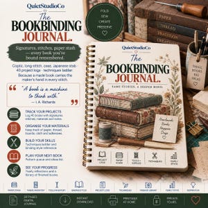 Può includere: Un libro rilegato a spirale intitolato The Bookbinding Journal con una copertina color crema che presenta illustrazioni di libri impilati, accenti floreali e uno strumento in legno. La copertina include testo sul monitoraggio dei progetti e tecniche.