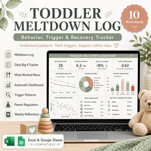 May include: A digital toddler meltdown log and behavior tracker displayed on a laptop screen. The dashboard features charts, graphs, and data points for tracking triggers, intensity, and sleep correlation. Includes 10 worksheets for Excel and Google Sheets.