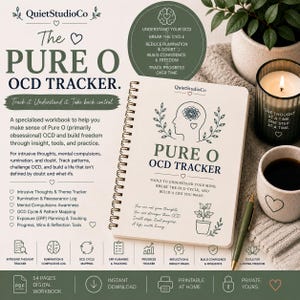 May include: A spiral-bound workbook titled The Pure O OCD Tracker with a cream cover, dark green text, and line art illustrations of a head, a heart, and a potted plant. The cover includes the text Tools to understand your mind, break the OCD cycle, and build a life you want, along with inspirational phrases and a small heart icon.