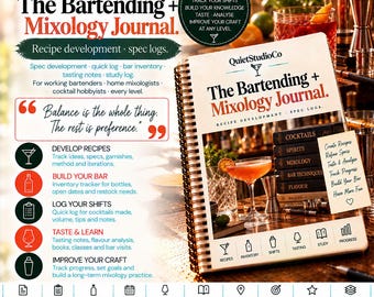 Bartending + Mixology Journal Printable PDF Cocktail Recipe Development Spec Log Home Bar Inventory Cocktail Codex Root Cocktails Companion