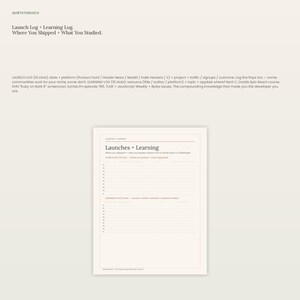May include: A white paper planner page titled Launches + Learning with sections for a Launch Log and a Learning Log. The layout includes numbered rows for tracking project dates, platforms, and educational resources in a clean, minimalist format.
