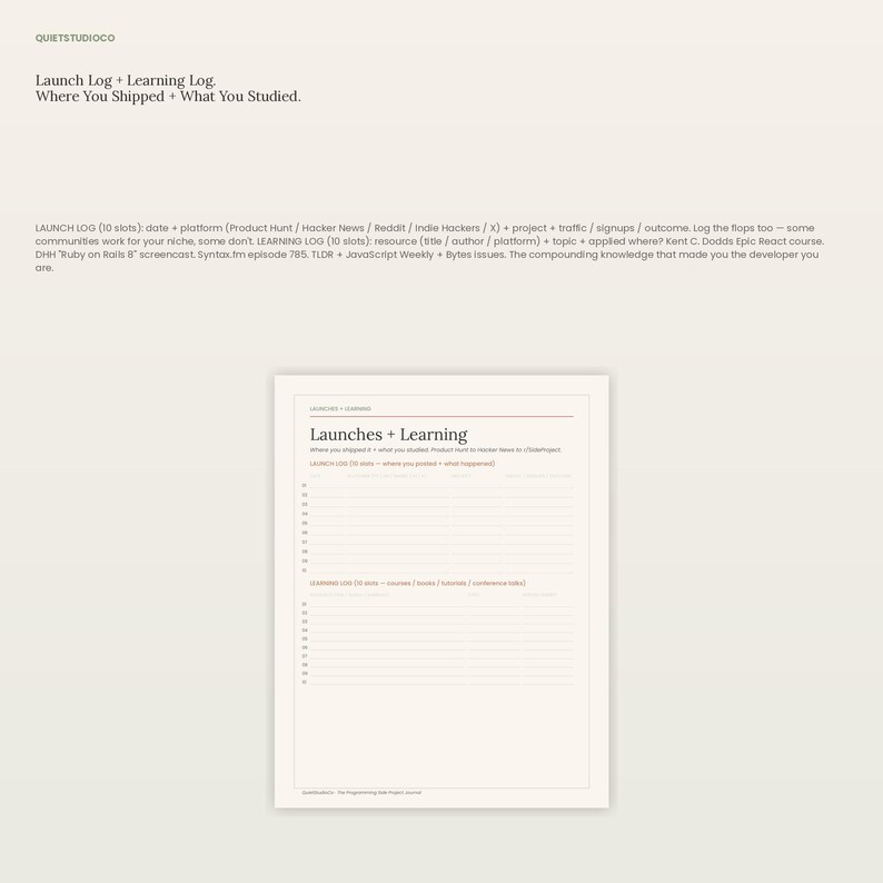 May include: A white paper planner page titled Launches + Learning with sections for a Launch Log and a Learning Log. The layout includes numbered rows for tracking project dates, platforms, and educational resources in a clean, minimalist format.