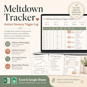 Meltdown Tracker, Autism Sensory Trigger Log, Excel & Google Sheets