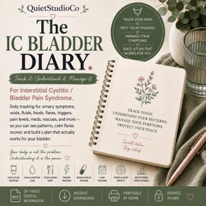 May include: A spiral-bound IC Bladder Diary workbook with a cream cover featuring a floral illustration and text. The cover reads: Track today. Understand your patterns. Manage your symptoms. Protect your peace. Small data. Big relief. Includes icons for tracking.