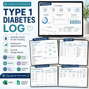 May include: A digital Type 1 Diabetes log template for Excel and Google Sheets. The display shows a dashboard with blood glucose, insulin, and carb tracking, alongside detailed daily logs, meal insulin logs, and exercise activity tracking sheets.