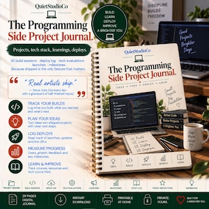 Programming Side Project Journal Printable PDF Developer Tracker Build Log Tech Stack Deploy Log Indie Hacker Gift Coding Portfolio Ship It