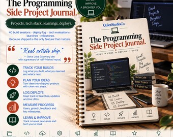 Programming Side Project Journal Printable PDF Developer Tracker Build Log Tech Stack Deploy Log Indie Hacker Gift Coding Portfolio Ship It