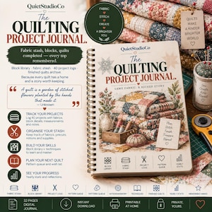 Könnte beinhalten: Ein spiralgebundenes Journal mit dem Titel The Quilting Project Journal und einem cremefarbenen Einband, der gefaltete Steppdecken, eine Holzkiste mit Garnrollen und ein Nadelkissen zeigt. Der Einband enthält Text und Symbole zur Projektplanung.