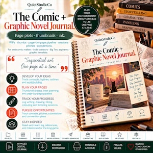 Könnte beinhalten: Ein spiralgebundenes Journal mit dem Titel The Comic + Graphic Novel Journal von QuietStudioCo. Das Cover zeigt eine Illustration einer Stadt bei Sonnenuntergang, eine Tasse und eine Katze. Es enthält Abschnitte für Seitenplots, Thumbnails und Tusche sowie Text zur Planung und Fortschrittsverfolgung.