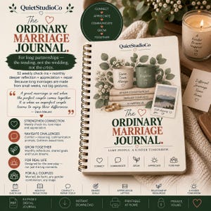 May include: The Ordinary Marriage Journal is a spiral-bound book with a cream cover featuring illustrations of two mugs, foliage, and a polaroid photo. The text reads The Ordinary Marriage Journal, Same People, A Kinder Tomorrow, and QuietStudioCo.