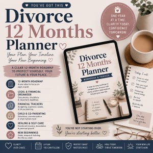 May include: A digital Divorce 12 Months Planner workbook and tracker displayed on a tablet screen, featuring a roadmap for legal, financial, and self-care organization. The layout includes text, icons, and a notebook with the words I choose my peace.