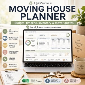 Könnte beinhalten: Ein digitaler Umzugsplaner auf einem Laptop-Bildschirm mit einem Dashboard für Budget, Zeitplan und Inventar. Das Programm enthält über 120 vorinstallierte Aufgaben, einen Vergleich von Umzugsangeboten und einen Adressänderungs-Tracker.