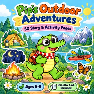 May include: A colourful activity book cover titled Pip's Outdoor Adventures with 30 Story & Activity Pages. It features a green cartoon crocodile wearing glasses and a scarf, surrounded by illustrations of a tent, campfire, kayak, and butterfly.