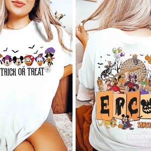 May include: A white t-shirt featuring a front graphic of cartoon characters in Halloween costumes with the text TRICK OR TREAT and a back graphic of Epcot with Disney characters, balloons, and the text EPCOT SINCE 1982 in orange and black.