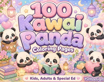 May include: A digital illustration titled 100 Kawai Panda Coloring Pages featuring multiple cartoon pandas in pastel settings. The image includes pandas in a basket, reading a book, and holding a heart, with text reading Kids, Adults & Special Ed.