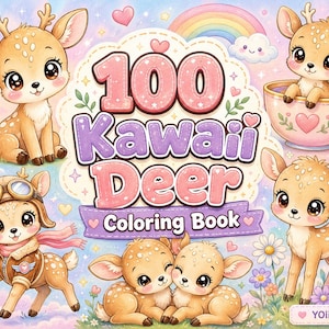 May include: A colouring book cover titled 100 Kawaii Deer featuring illustrations of cartoon deer in various settings, including one in a teacup, one wearing aviator goggles, and two sitting together, surrounded by flowers, hearts, and a rainbow.