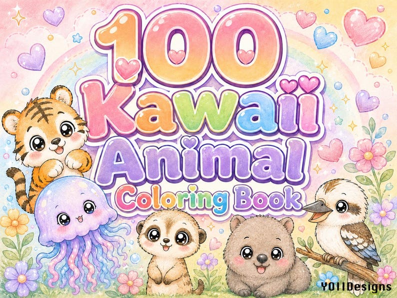 May include: A coloring book cover titled 100 Kawaii Animal Coloring Book in colorful bubble letters. The illustration features a cartoon tiger, a purple jellyfish, a meerkat, a wombat, and a kookaburra surrounded by flowers, hearts, and a rainbow. The text Y011Designs is in the bottom right corner.