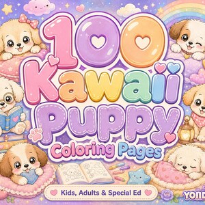 Może przedstawiać: Cyfrowa ilustracja zatytułowana 100 Kawaii Puppy Coloring Pages przedstawiająca kilka szczeniąt z kreskówek w pastelowych kolorach, w tym czytającego książkę, śpiącego i z sercem, otoczonych gwiazdami, chmurami i tęczą.