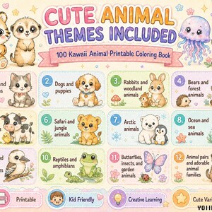 May include: A printable coloring book cover titled CUTE ANIMAL THEMES INCLUDED, featuring 100 Kawaii Animal Printable Coloring Book. The grid displays 12 numbered categories of illustrated animals, including cats, dogs, bears, farm animals, and sea creatures.
