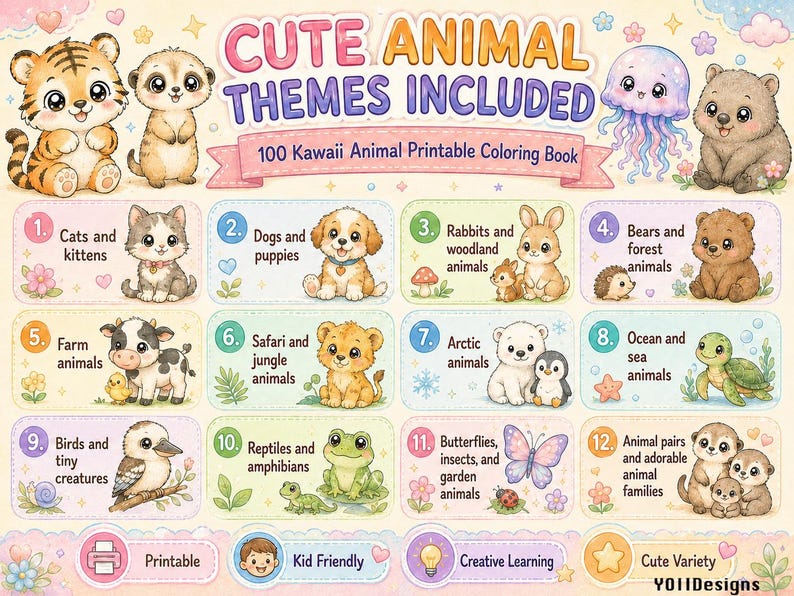 May include: A printable coloring book cover titled CUTE ANIMAL THEMES INCLUDED, featuring 100 Kawaii Animal Printable Coloring Book. The grid displays 12 numbered categories of illustrated animals, including cats, dogs, bears, farm animals, and sea creatures.
