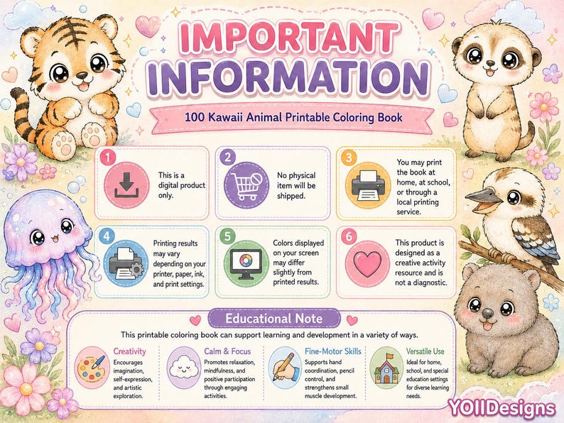 100 Kawaii Animal Coloring Book, Kids Adults Special Education (PDF PNG Download) image 12