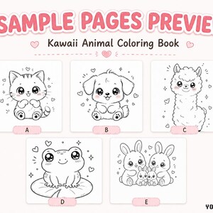 May include: A coloring book preview page featuring the text SAMPLE PAGES PREVIEW Kawaii Animal Coloring Book. It displays five black and white line art illustrations labeled A through E, showing a cat, dog, llama, frog, and rabbits with hearts.