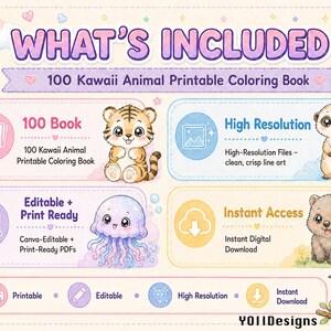 May include: A digital graphic titled WHAT'S INCLUDED 100 Kawaii Animal Printable Coloring Book. It features illustrations of a tiger, meerkat, jellyfish, wombat, and kookaburra. Text includes High Resolution, Editable + Print Ready, and Instant Access.
