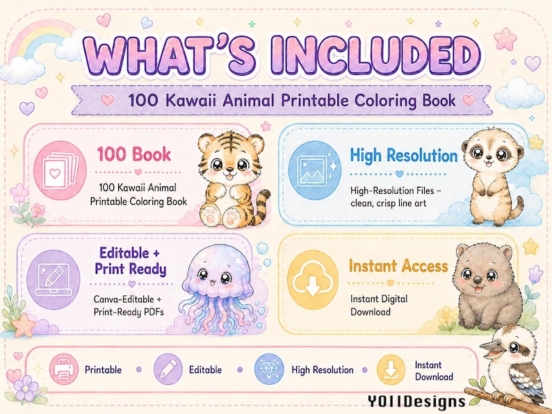 May include: A digital graphic titled WHAT'S INCLUDED 100 Kawaii Animal Printable Coloring Book. It features illustrations of a tiger, meerkat, jellyfish, wombat, and kookaburra. Text includes High Resolution, Editable + Print Ready, and Instant Access.