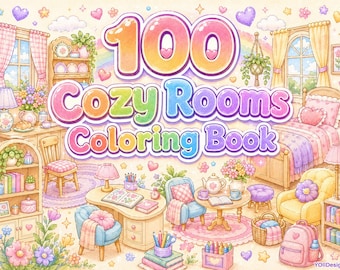 May include: A coloring book cover titled 100 Cozy Rooms Coloring Book featuring a pastel-colored illustration of a bedroom, a desk with books, a chair, a small table with a tea set, a bookshelf, a backpack, and various decorative flowers and hearts.