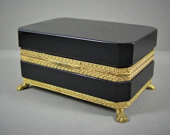 Footed Black Opaline Art Glass Jewelry Casket Box , Murano Cenedese with ORIGINAL tag