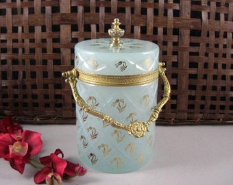 Sea Foam Aqua Opaline Seau a glace, Biscuit Barrel ,Bonbonerie, Covered Box w/ Finely Detailed Ormolu Fittings