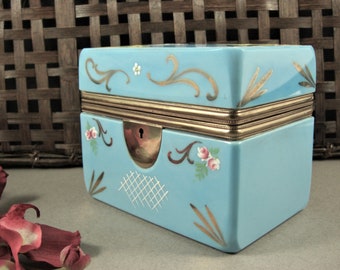 Light French Blue Enameled Opaline Art Glass Jewelry Box Sugar Casket / Brass Ormolu Mounts / Locking