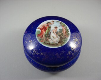 Victoria Czechoslovakia Porcelain Dresser Vanity box / Cobalt with Figural , Floral Pattern