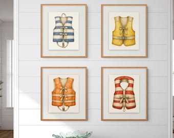 Set van 4 vintage aquarel prints van reddingsvesten | Muurdecoratie voor een huis aan het meer | Kustthema kinderkamerdecoratie | Nautisch | Printbare strandhuisdecoratie | Downloaden