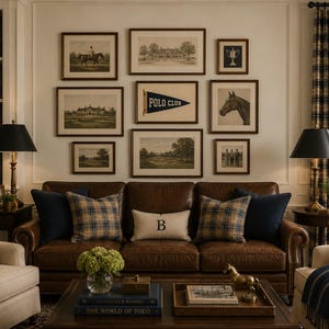 Op de afbeelding: Een bruine leren bank met geruite en marineblauwe kussens onder een galerijmuur met ingelijste paardensport- en polo-prints, inclusief een centraal vaantje met de tekst Polo Club, geflankeerd door twee lampen met zwarte kappen.