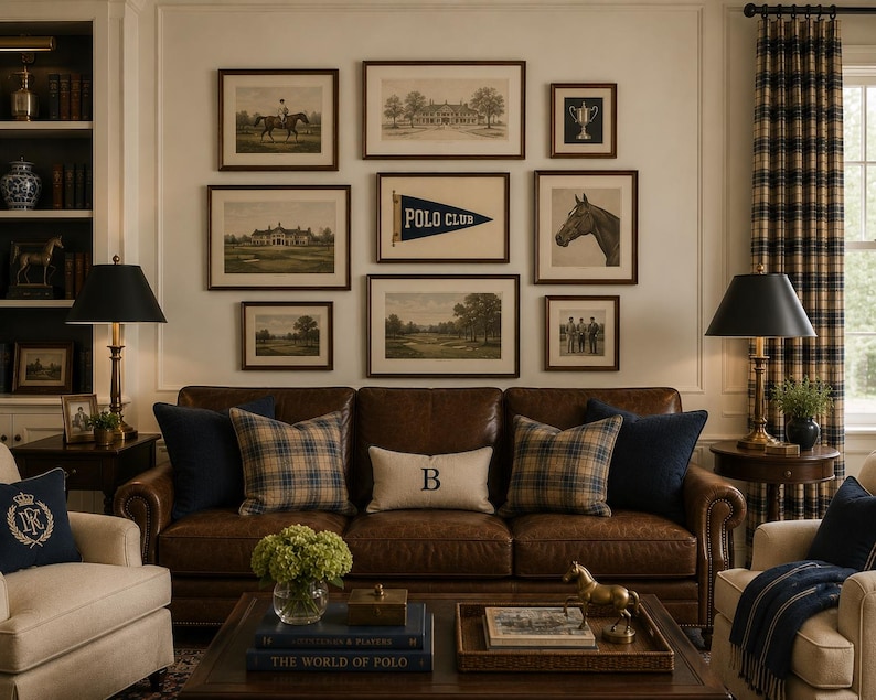 Op de afbeelding: Een bruine leren bank met geruite en marineblauwe kussens onder een galerijmuur met ingelijste paardensport- en polo-prints, inclusief een centraal vaantje met de tekst Polo Club, geflankeerd door twee lampen met zwarte kappen.
