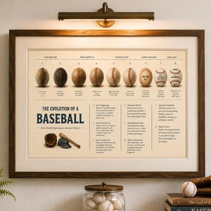 以下が含まれることがあります： 「The Evolution of a Baseball」と題された額装済みの教育用ポスター。野球のボールの初期から現代までの8つのデザインの変遷が、説明文やグローブ、バット、キャップのイラストと共に時系列で表示されています。