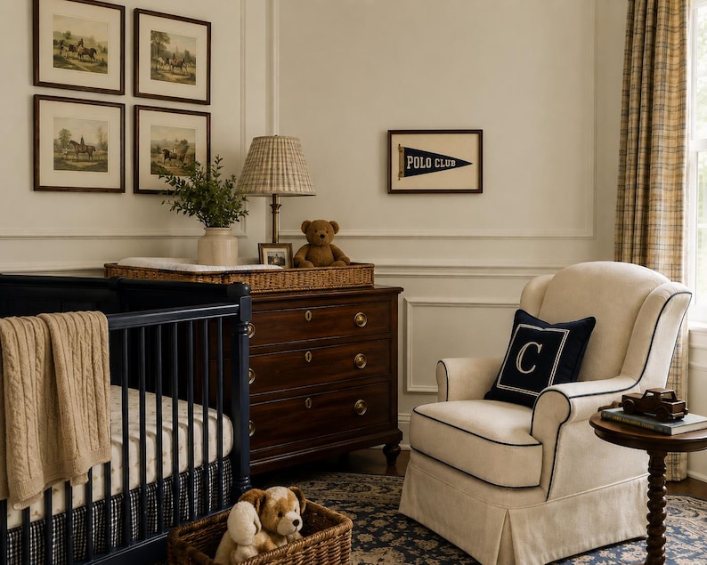 Op de afbeelding: Een kinderkamer met een donkerblauw ledikant met een beige kabelgebreide deken, een donkerhouten ladekast met een geruite lamp en teddybeer, een cr&egrave;mekleurige fauteuil met een donkerblauw kussen met de letter C en een Polo Club wimpel aan de muur.