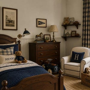 Op de afbeelding: Een slaapkamer met een donkerhouten bed met marineblauw en cr&egrave;mekleurig beddengoed, een gepersonaliseerd kussen met de tekst HENRY, een donkerhouten ladekast, een cr&egrave;mekleurige fauteuil met een marineblauw H-kussen, een speelgoedauto en een mand.