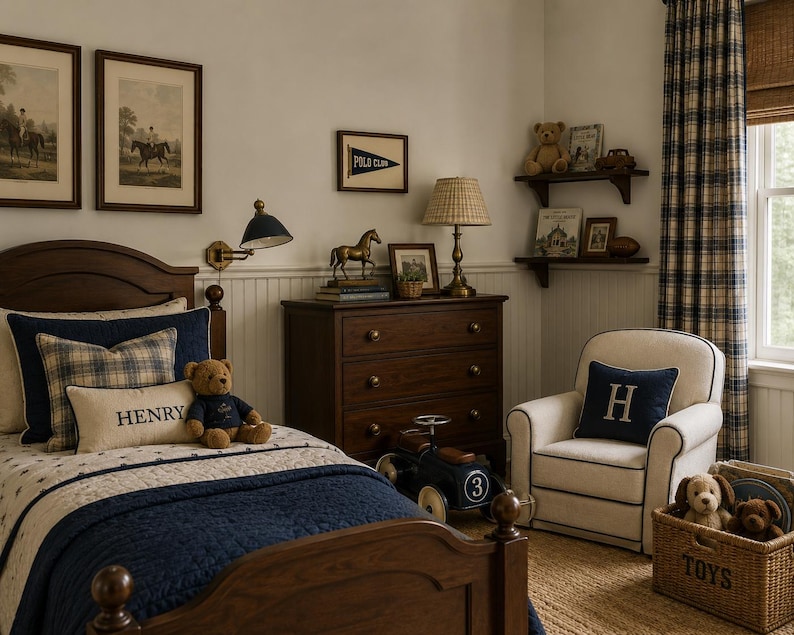 Op de afbeelding: Een slaapkamer met een donkerhouten bed met marineblauw en cr&egrave;mekleurig beddengoed, een gepersonaliseerd kussen met de tekst HENRY, een donkerhouten ladekast, een cr&egrave;mekleurige fauteuil met een marineblauw H-kussen, een speelgoedauto en een mand.