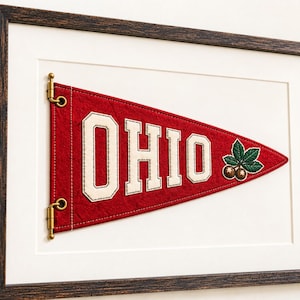 Peut inclure: Un fanion en feutre rouge portant le mot OHIO en lettres capitales blanches avec un contour foncé, accompagné d'un motif brodé de marron et de feuilles. Le fanion est fixé avec des attaches en laiton dans un cadre en bois sombre.
