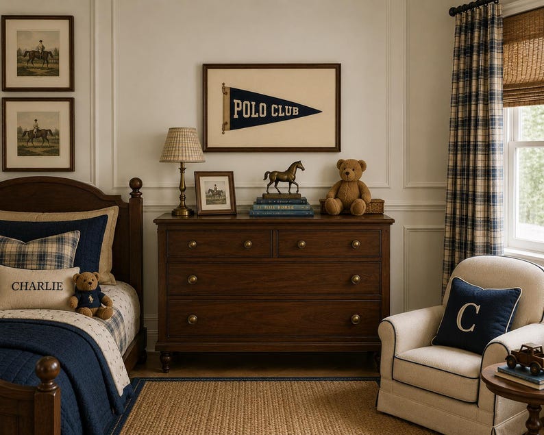 Op de afbeelding: Een slaapkamer met een donkerhouten ladekast, een bed met marineblauw beddengoed en een kussen met het label CHARLIE, een cr&egrave;mekleurige fauteuil met een marineblauw kussen met de letter C, een ingelijste Polo Club wimpel, paardenprints en een beer.